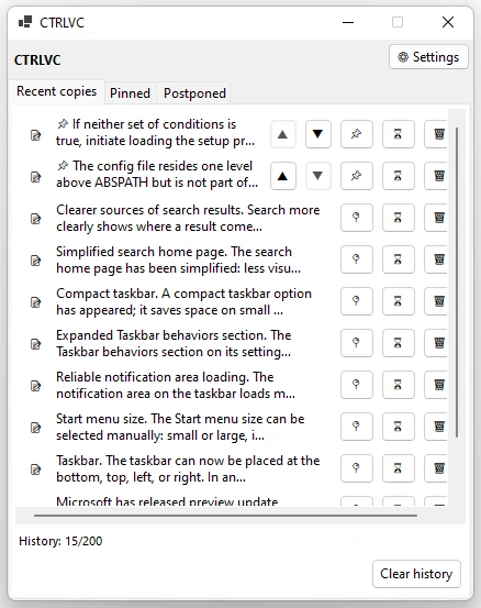 CTRLVC window showing the list of recently copied entries