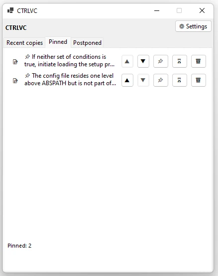The Pinned tab in the CTRLVC window with two pinned entries