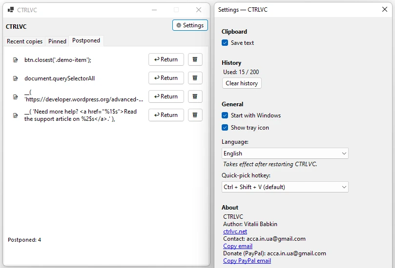 The Postponed tab next to the CTRLVC settings panel